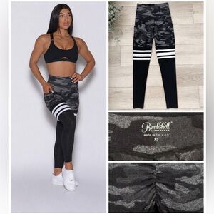 Bombshell Sportswear Camo Scrunch Butt Leggings XS Black Grey Thigh High Gym